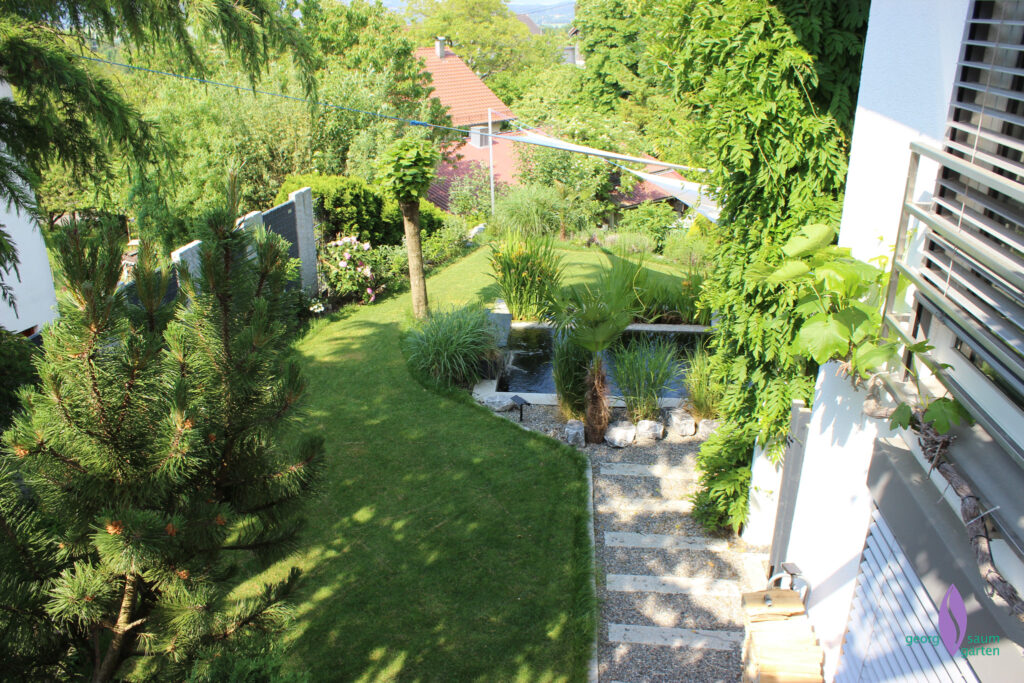 Blick von oben auf das Koibecken